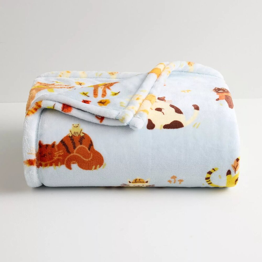NEW CATS & KITTENS BLUE SOFT PLUSH THROW BLANKET THE BIG ONE 5X6 FT NWT